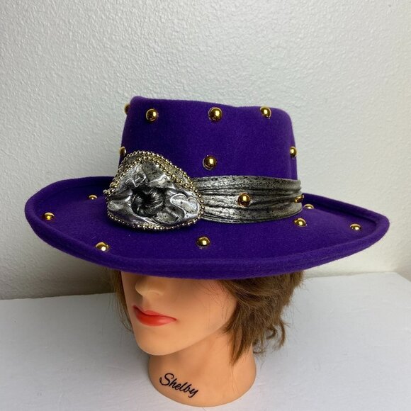 Vintage Purple 100 % Wool Hat Decorated Evening Party